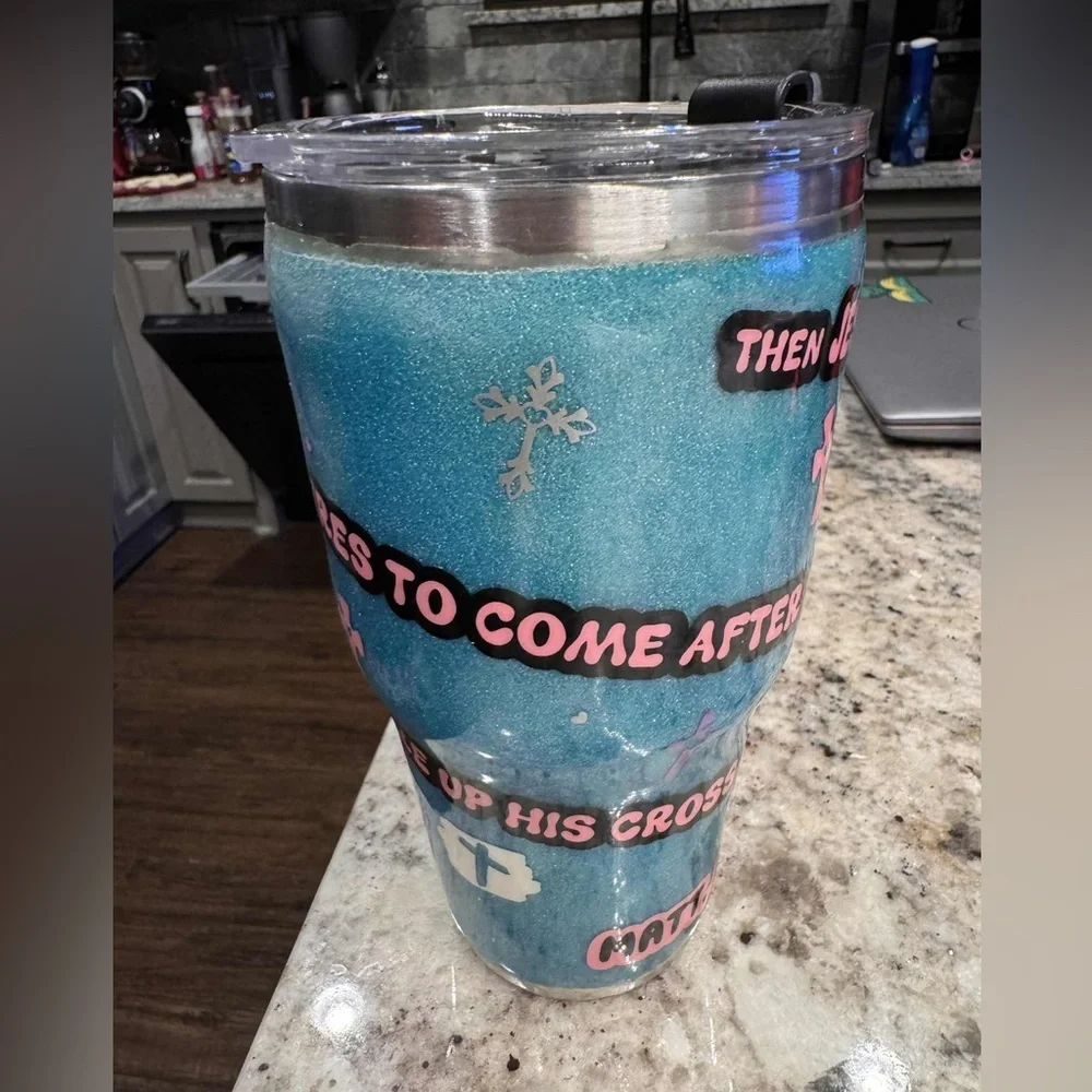 Bible quote Blue Tumbler with Inspirational Text glitter handmade